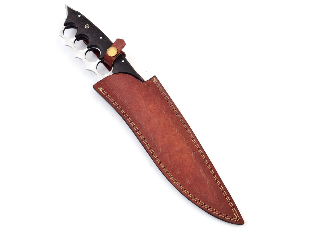 Premium outdoor hunting and survival knife with full tang high carbon steel blade and leather sheath.