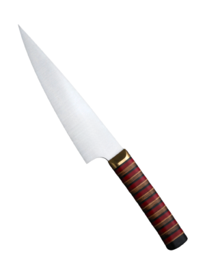 Arctic Sentinel professional chef knife featuring a 14C28N stainless steel blade and premium Micarta, wood, leather, and brass handle by Bladoria Knives.
