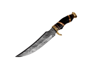 Bronze Spike handmade Damascus hunting knife featuring a 1095 and 15N20 Damascus steel blade, bull horn handle with brass rings, and brass guard by Bladoria Knives.