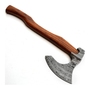 Apex Axe handmade Damascus steel tomahawk featuring a premium wooden handle and razor-sharp Damascus steel cutting edge by Bladoria Knives.