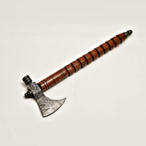Smoke Axe handmade Damascus steel outdoor axe featuring a premium rosewood handle, 4.5-inch cutting edge, and genuine leather sheath by Bladoria Knives