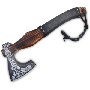 Sovereign Axe handmade Scandinavian Viking axe featuring a high carbon steel blade, premium ash wood handle, and 5-inch cutting edge by Bladoria Knives