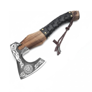 Monarch Axe handmade Viking carbon steel camping axe with an ashwood handle, leather-wrapped grip, and genuine leather sheath by Bladoria Knives.