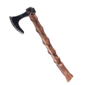Vanguard Axe handmade EN45 spring steel Viking battle axe with a teakwood handle, hand-engraved Norse runes, and a 6-inch bearded blade by Bladoria Knives