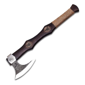 Legacy Axe handmade Viking bearded axe featuring a high carbon steel blade, ash wood handle, and genuine leather sheath by Bladoria Knives.