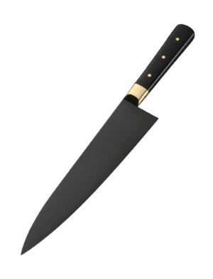 Storm Pride professional chef knife featuring a high carbon steel blade with forced patina finish, black Micarta handle, and solid brass bolsters by Bladoria Knives.