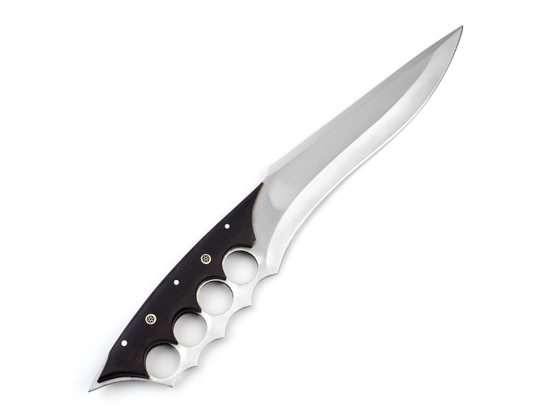 Fixed blade hunting knife with durable high carbon steel blade and ergonomic black Micarta grip.
