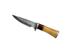 Ember Storm handmade Damascus hunting knife featuring a 1095 and 15N20 Damascus steel blade, bone and natural wood handle with brass rings, and Damascus guard by Bladoria Knives.