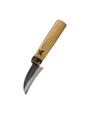 Northern Honor professional chef knife features a handcrafted high carbon steel blade with a rustic forged finish, premium walnut wood handle, and forged steel rings. Precision kitchen knife by Bladoria Knives.