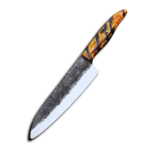 Northern Spike professional chef knife featuring a hand-forged high carbon steel blade, full tang construction, premium resin handle, and leather cover by Bladoria Knives.