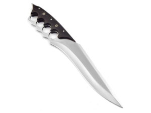 High carbon steel hunting knife featuring full tang construction, black Micarta handle, and leather sheath.