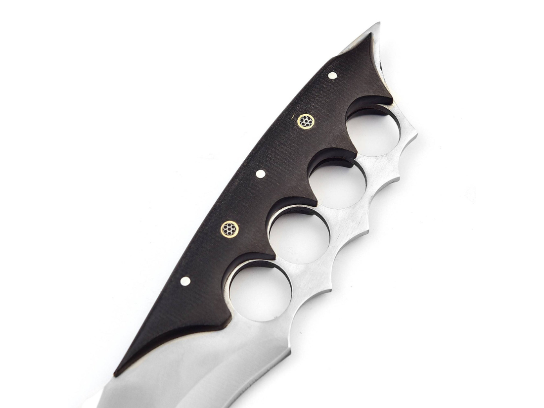 Premium full tang hunting knife with 8-inch high carbon steel blade, black Micarta handle, and genuine leather sheath by Bladoria Knives