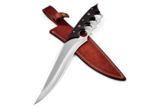Premium full tang hunting knife with 8-inch high carbon steel blade, black Micarta handle, and genuine leather sheath by Bladoria Knives.