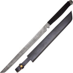 Bladoria Bloodcrest handmade forged Damascus steel Viking Gladius sword with 17-inch full tang blade and leather sheath by Bladoria Knives.
