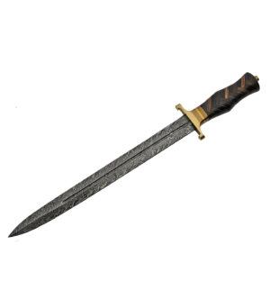 Bladoria Nightspire Firestorm Damascus steel short sword with 15-inch full tang blade and premium leather sheath by Bladoria Knives