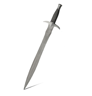 Bladoria Blackthorn handmade Damascus Langferd Viking sword with 22.5-inch double-edged blade and leather sheath by Bladoria Knives.